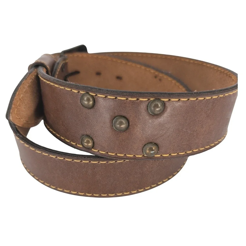 VTG Studded Leather Belt Men 40 Brown Brass Buckle Western Rustic‎ Cowboy Moto